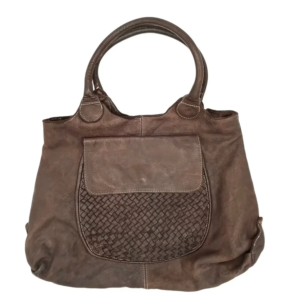 Fiori de Firenze Italian Leather Tote Brown Woven Shoulder Bag Lg Made in Italy